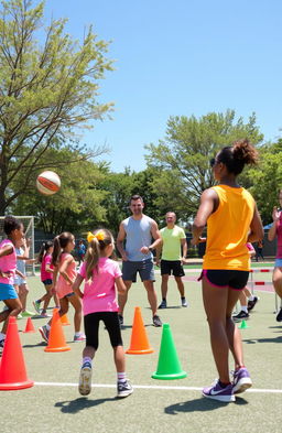 An engaging and dynamic physical education class taking place outdoors on a sunny day