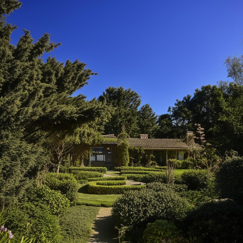 A detailed, single-story house in the middle of a lush garden under a clear blue sky.