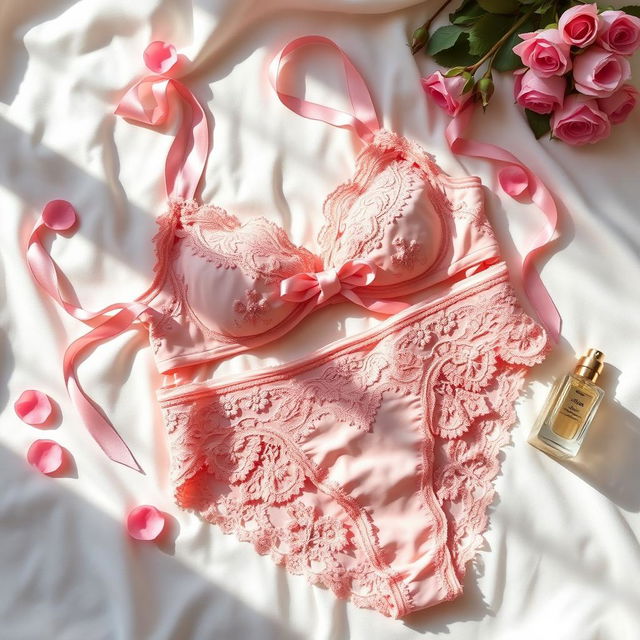 A beautifully styled flat lay of pink lingerie laid out on a soft, white silk background