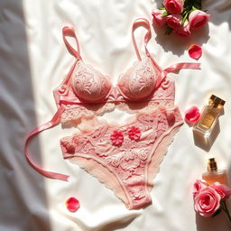 A beautifully styled flat lay of pink lingerie laid out on a soft, white silk background