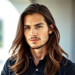 A portrait of a stylish man with long, flowing hair that cascades down past his shoulders