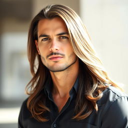 A portrait of a stylish man with long, flowing hair that cascades down past his shoulders