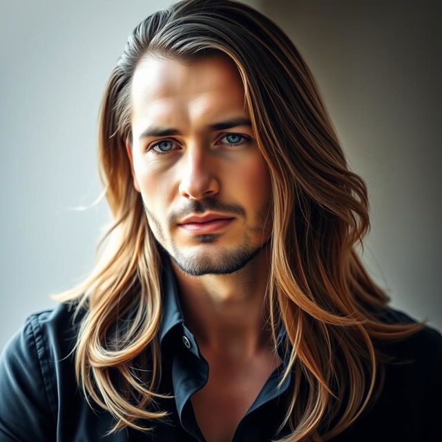 A portrait of a stylish man with long, flowing hair that cascades down past his shoulders