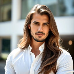 A portrait of a stylish man with long, flowing hair that cascades down past his shoulders