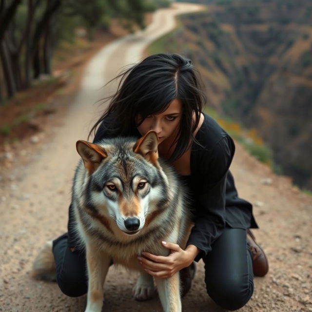 A girl with a tomboy style, having messy shoulder-length black hair, kneeling on a dirt road