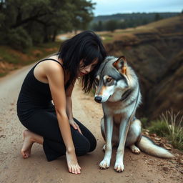 A girl with a tomboy style, having messy shoulder-length black hair, kneeling on a dirt road