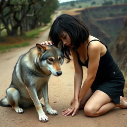 A girl with a tomboy style, having messy shoulder-length black hair, kneeling on a dirt road