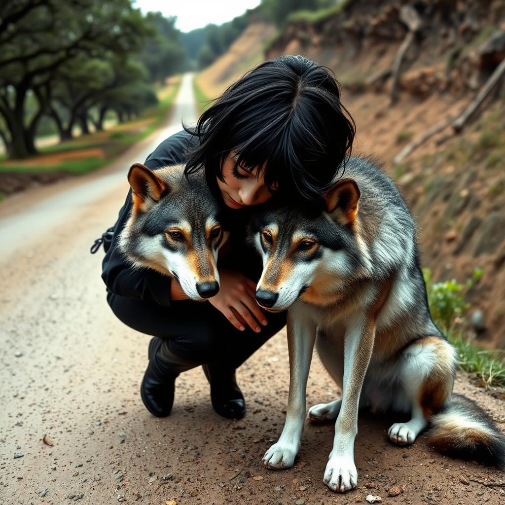 A girl with a tomboy style, having messy shoulder-length black hair, kneeling on a dirt road