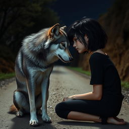 A girl with a tomboy style and messy shoulder-length black hair, kneeling on a dirt road at night