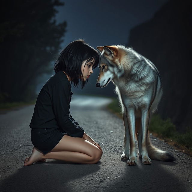 A girl with a tomboy style and messy shoulder-length black hair, kneeling on a dirt road at night