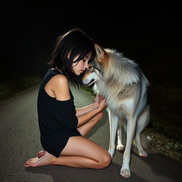 A girl with a tomboy style and messy shoulder-length black hair, kneeling on a dirt road at night
