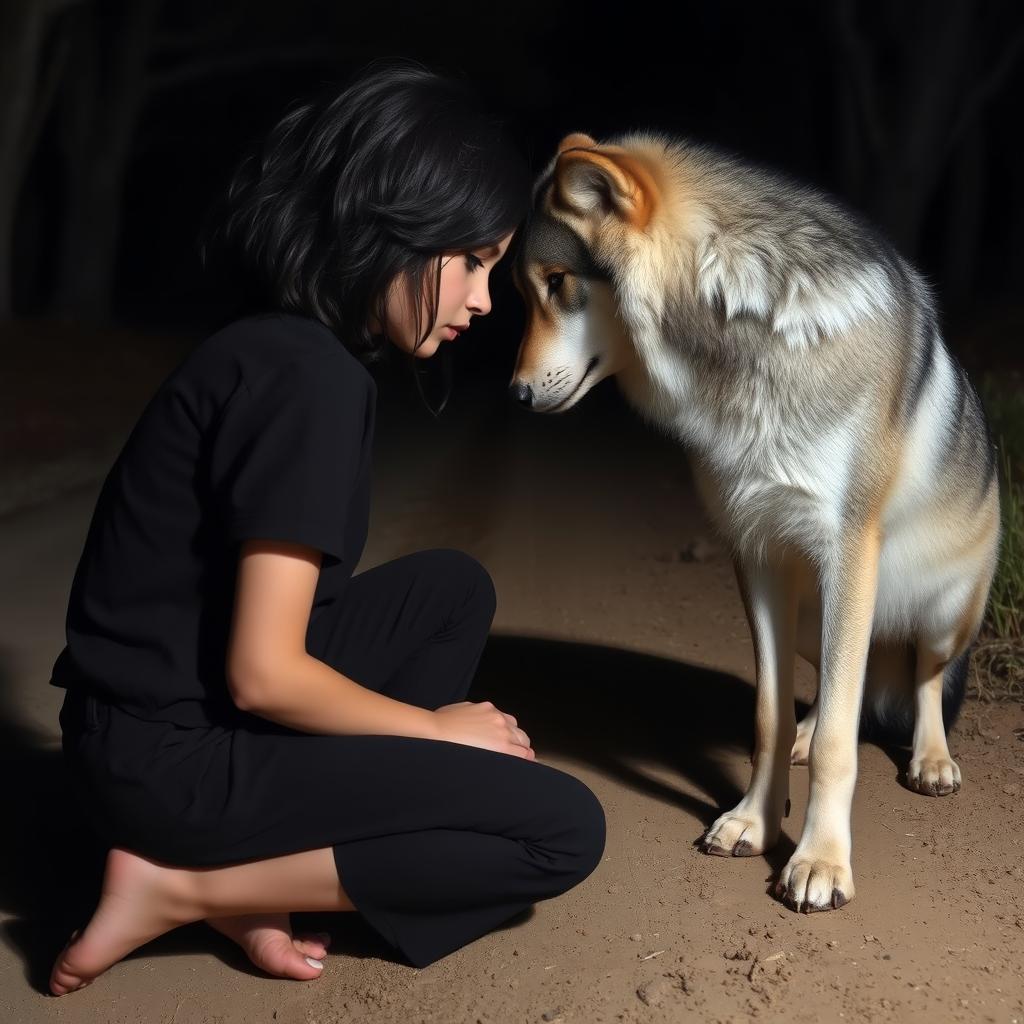 A girl with a tomboy style and messy shoulder-length black hair, kneeling on a dirt road at night