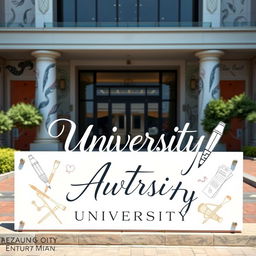 A university entrance sign featuring an artistic design incorporating drawing and calligraphy pens