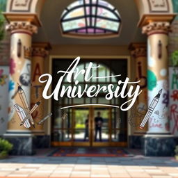 A university entrance sign featuring an artistic design incorporating drawing and calligraphy pens
