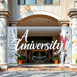 A university entrance sign featuring an artistic design incorporating drawing and calligraphy pens