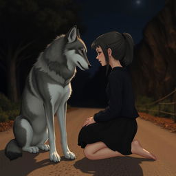 A girl with a tomboy style, having shoulder-length hair with half tied in a ponytail, kneeling on a dirt road at night