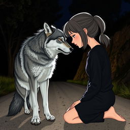 A girl with a tomboy style, having shoulder-length hair with half tied in a ponytail, kneeling on a dirt road at night