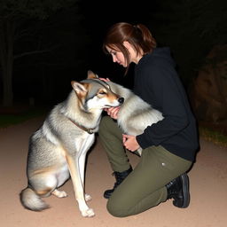 A girl with a tomboy style, wearing a black hoodie, cargo pants, and black boots, with shoulder-length hair half tied in a ponytail, kneeling on a dirt road at night