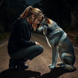 A girl with a tomboy style, wearing a black hoodie, cargo pants, and black boots, with shoulder-length hair half tied in a ponytail, kneeling on a dirt road at night