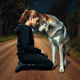 A girl with a tomboy style, wearing a black hoodie, cargo pants, and black boots, with shoulder-length hair half tied in a ponytail, kneeling on a dirt road at night