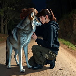 A girl with a tomboy style, wearing a black hoodie, cargo pants, and black boots, with shoulder-length hair half tied in a ponytail, kneeling on a dirt road at night