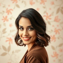 A portrait of a woman named Atina Abadi, featuring a warm smile, medium-length wavy dark hair, bright brown eyes, and a stylish outfit