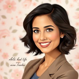 A portrait of a woman named Atina Abadi, featuring a warm smile, medium-length wavy dark hair, bright brown eyes, and a stylish outfit