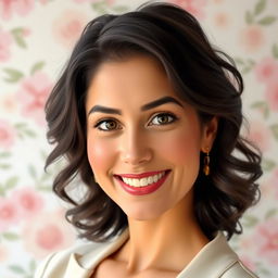 A portrait of a woman named Atina Abadi, featuring a warm smile, medium-length wavy dark hair, bright brown eyes, and a stylish outfit