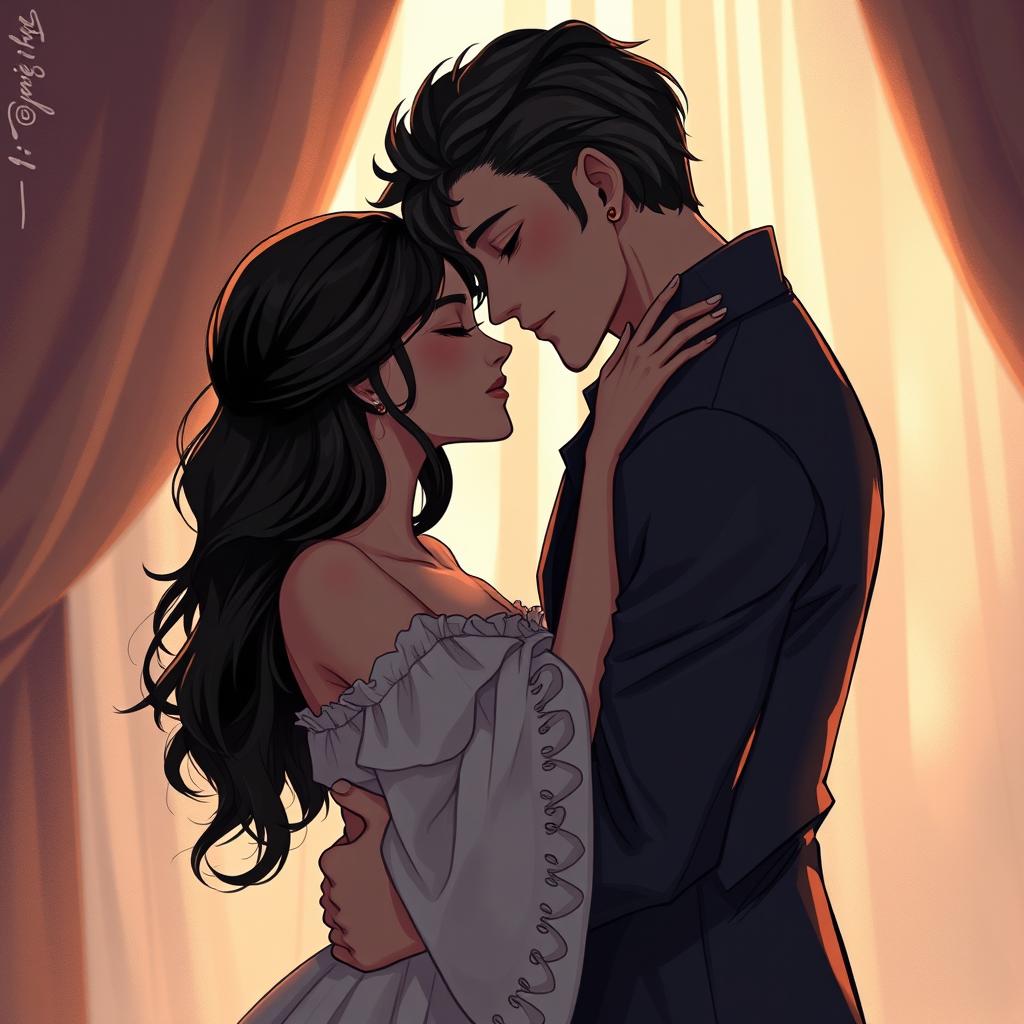 An artistic and sensual illustration featuring two fictional characters inspired by Kaysan Dibaaj and Dara Hayai, depicted in a romantic embrace