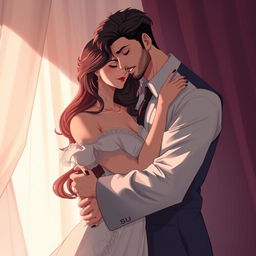 An artistic and sensual illustration featuring two fictional characters inspired by Kaysan Dibaaj and Dara Hayai, depicted in a romantic embrace