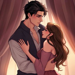 An artistic and sensual illustration featuring two fictional characters inspired by Kaysan Dibaaj and Dara Hayai, depicted in a romantic embrace