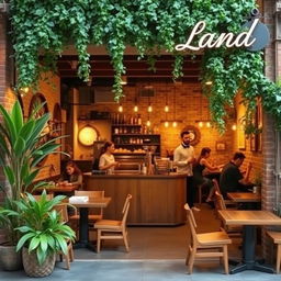 A cozy and inviting cafe named 'Land', featuring warm wooden furniture, lush green plants, and a soft, ambient lighting