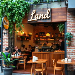 A cozy and inviting cafe named 'Land', featuring warm wooden furniture, lush green plants, and a soft, ambient lighting