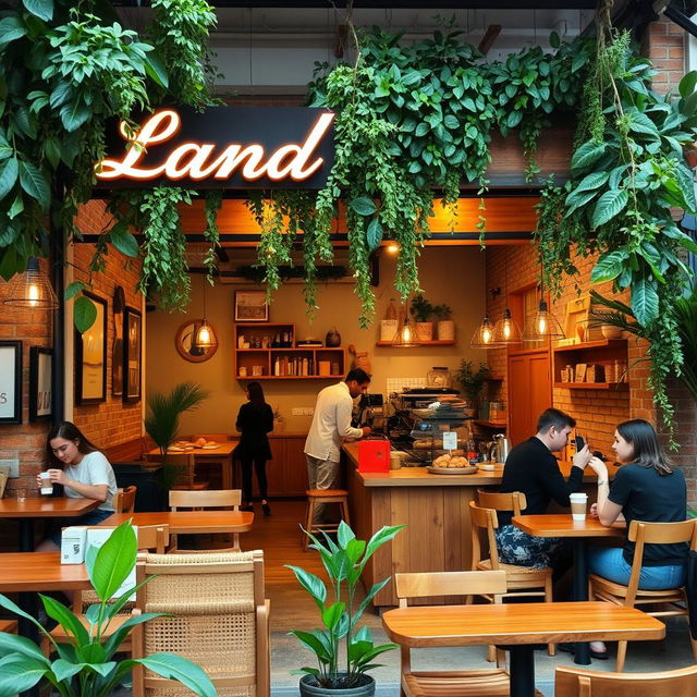 A cozy and inviting cafe named 'Land', featuring warm wooden furniture, lush green plants, and a soft, ambient lighting