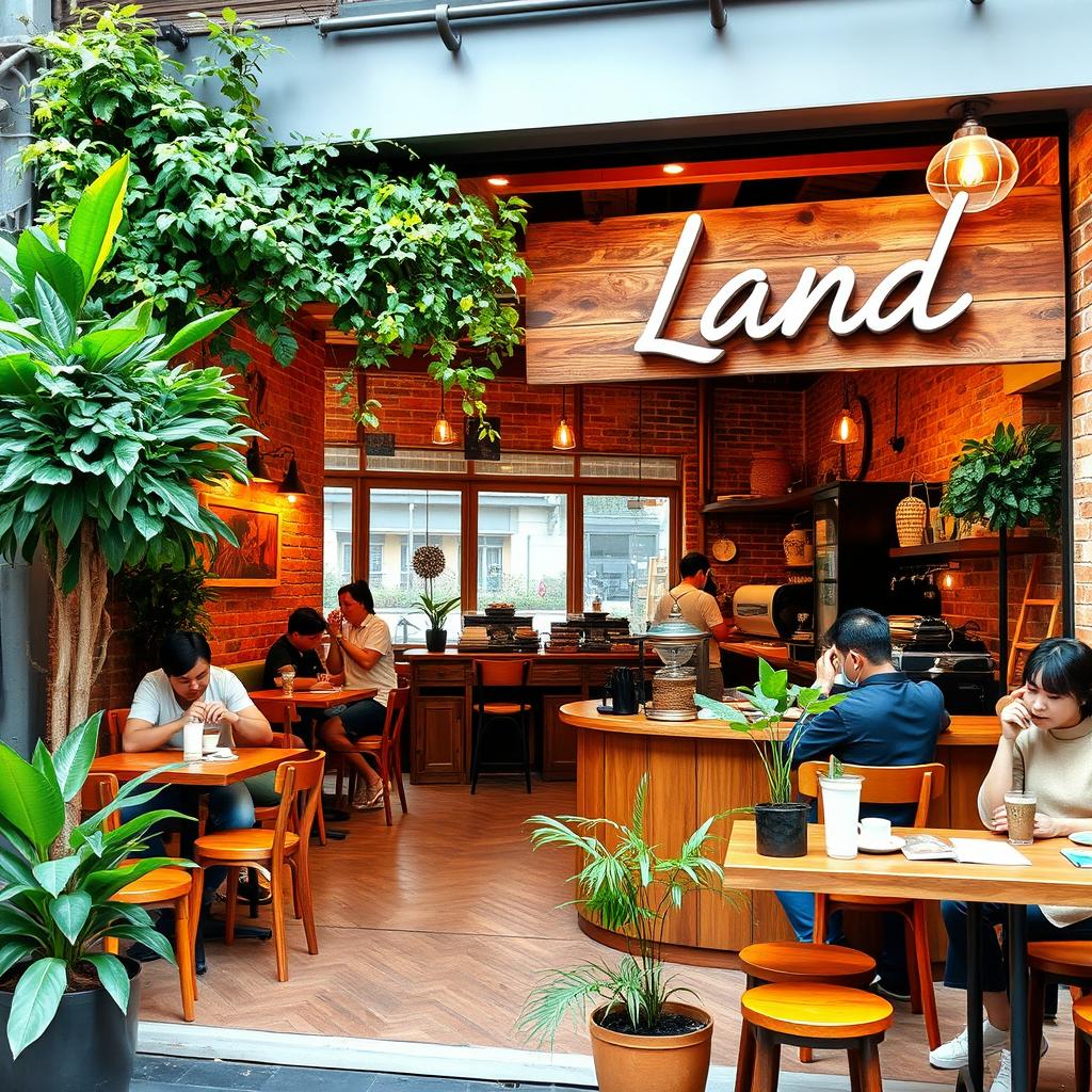 A cozy and inviting cafe named 'Land', featuring warm wooden furniture, lush green plants, and a soft, ambient lighting