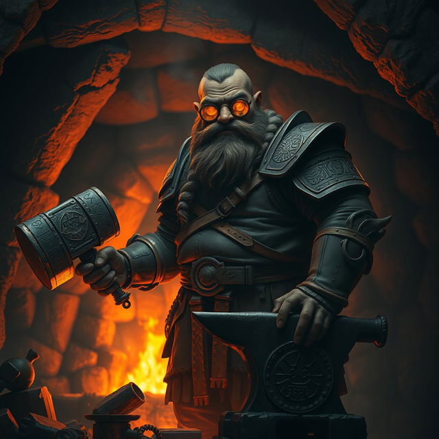 A Duergar cleric standing proudly in a dimly lit underground forge