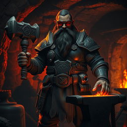 A Duergar cleric standing proudly in a dimly lit underground forge