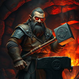 A Duergar cleric standing proudly in a dimly lit underground forge