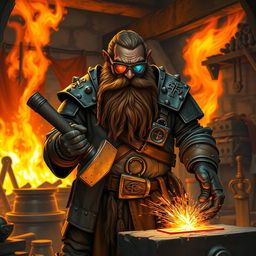 A Duergar cleric, a stout dwarf with dark skin and a intricately braided beard, stands inside a fiery forge, wearing specialized welding lenses that protect his eyes while he works