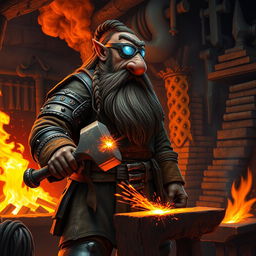 A Duergar cleric, a stout dwarf with dark skin and a intricately braided beard, stands inside a fiery forge, wearing specialized welding lenses that protect his eyes while he works