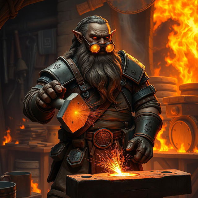 A Duergar cleric, a stout dwarf with dark skin and a intricately braided beard, stands inside a fiery forge, wearing specialized welding lenses that protect his eyes while he works