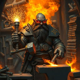 A Duergar cleric, a stout dwarf with dark skin and a intricately braided beard, stands inside a fiery forge, wearing specialized welding lenses that protect his eyes while he works