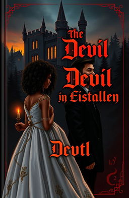 A captivating book cover featuring a dark castle with tall towers, its windows illuminated by candlelight, set against a backdrop of a dense dark forest