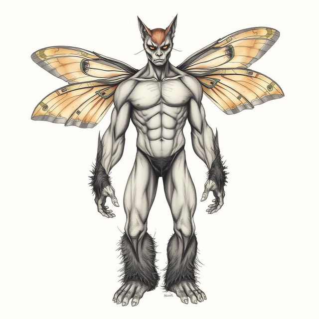 An intricate anatomical sketch of a man's physique featuring unique characteristics: the man has striking cat eyes that convey a sense of mystery and depth, gorilla-like muscular arms that show strength and power, large, beautiful moth wings sprouting from his shoulder blades with intricate patterns and colors, and oversized Bigfoot feet that exhibit ruggedness and an earthy connection