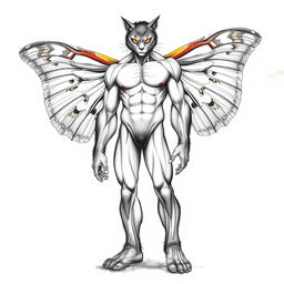 An intricate anatomical sketch of a man's physique featuring unique characteristics: the man has striking cat eyes that convey a sense of mystery and depth, gorilla-like muscular arms that show strength and power, large, beautiful moth wings sprouting from his shoulder blades with intricate patterns and colors, and oversized Bigfoot feet that exhibit ruggedness and an earthy connection