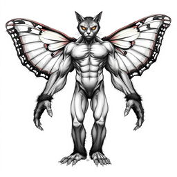 An intricate anatomical sketch of a man's physique featuring unique characteristics: the man has striking cat eyes that convey a sense of mystery and depth, gorilla-like muscular arms that show strength and power, large, beautiful moth wings sprouting from his shoulder blades with intricate patterns and colors, and oversized Bigfoot feet that exhibit ruggedness and an earthy connection
