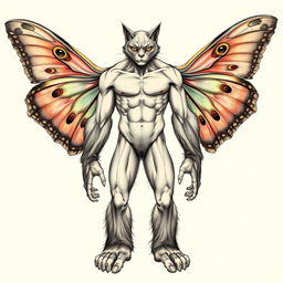 An intricate anatomical sketch of a man's physique featuring unique characteristics: the man has striking cat eyes that convey a sense of mystery and depth, gorilla-like muscular arms that show strength and power, large, beautiful moth wings sprouting from his shoulder blades with intricate patterns and colors, and oversized Bigfoot feet that exhibit ruggedness and an earthy connection