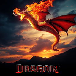 A visually stunning movie poster showcasing a fire-breathing dragon soaring majestically through a dramatic sky