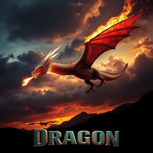 A visually stunning movie poster showcasing a fire-breathing dragon soaring majestically through a dramatic sky