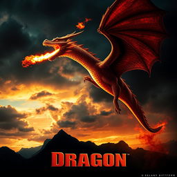 A visually stunning movie poster showcasing a fire-breathing dragon soaring majestically through a dramatic sky